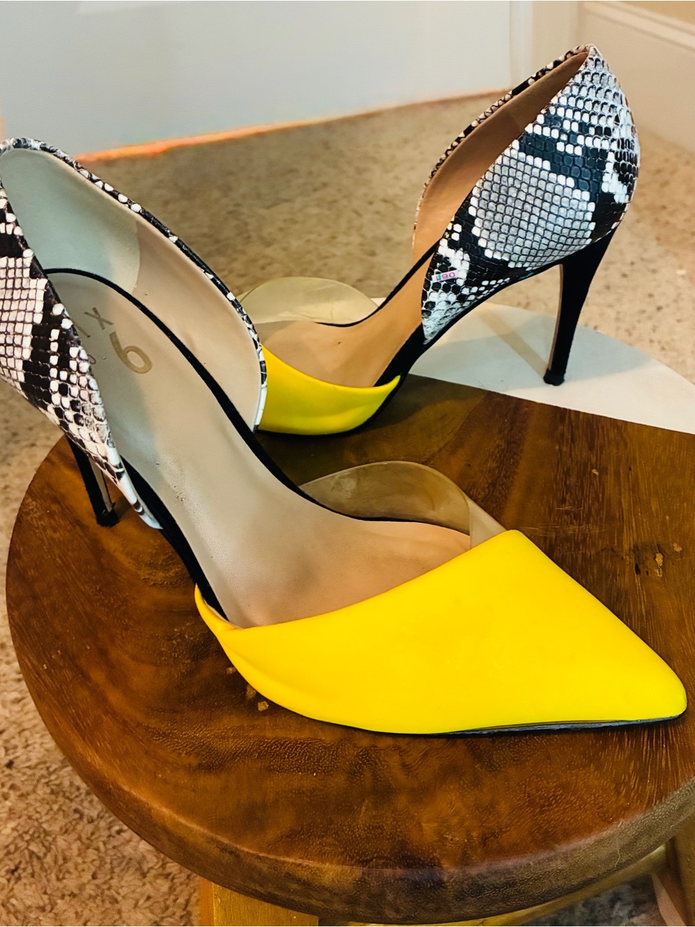 Mix No. 6 Yellow Pointed D'Orsay Pumps with Snake-Print Heel